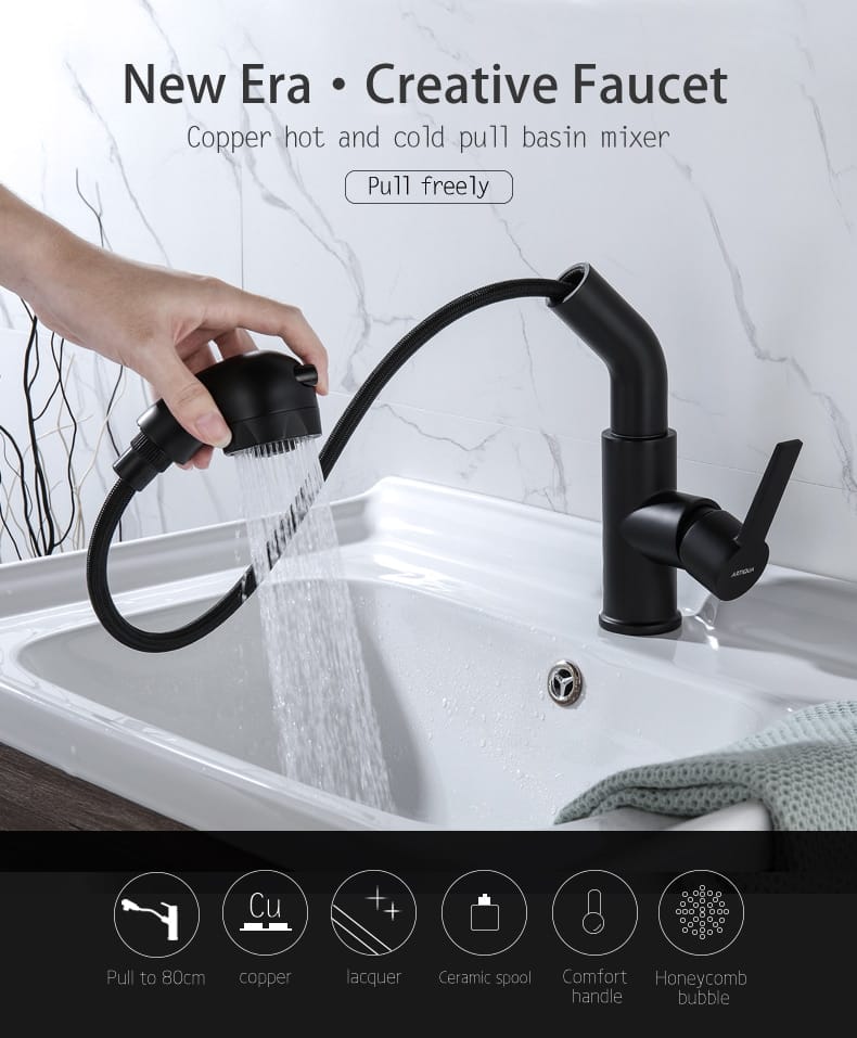 Black Hair Washing Faucet with Pull Out and Dual Spray Mode