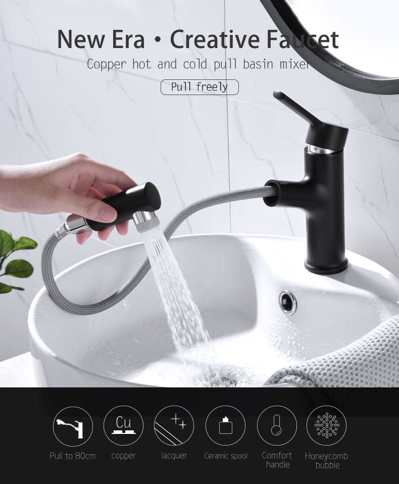 Black Single Handle Pull Out Bathroom Mixer Tap