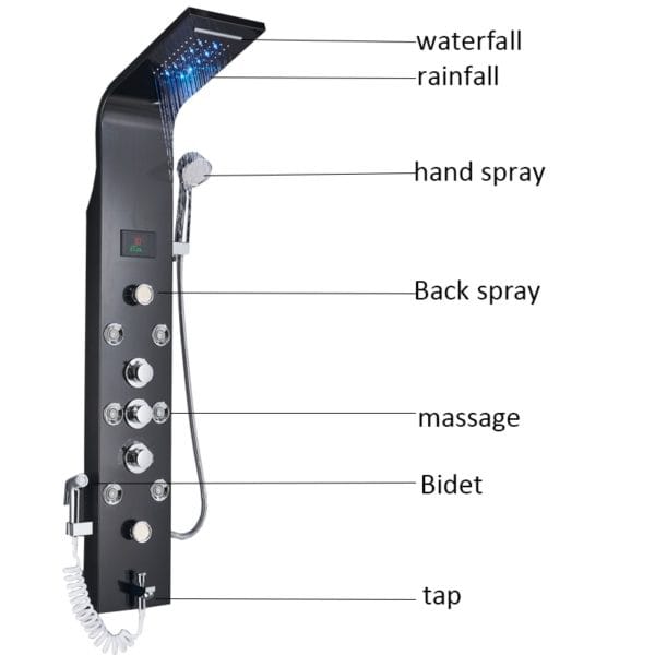 Black Waterfall and Rain Shower Spa Massage Jet Shower Column with LED Light & Display - Image 2