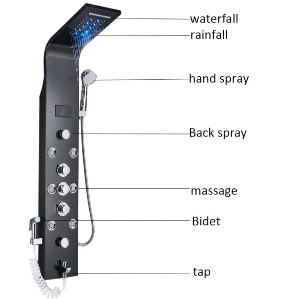 Black Waterfall and Rain Shower Spa Massage Jet Shower Column with LED Light & Display - Image 2