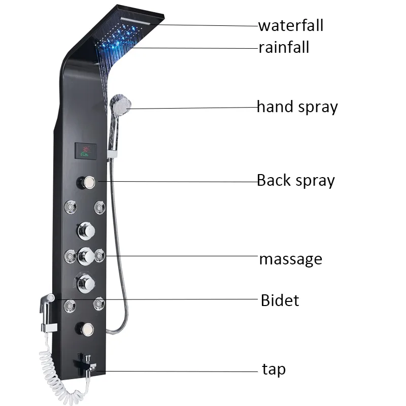 Black Waterfall and Rain Shower Spa Massage Jet Shower Column with LED Light & Display - Image 2
