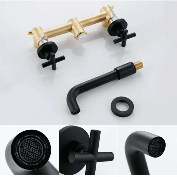 Wall Mounted Matte Black Dual Handle 3 Hole Bathroom Basin Faucet - Image 3