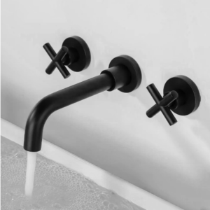 Wall Mounted Matte Black Dual Handle 3 Hole Bathroom Basin Faucet